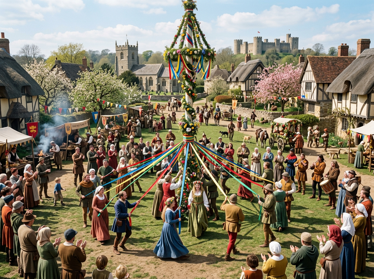 Medieval villagers dancing around a flower-adorned maypole with colorful ribbons