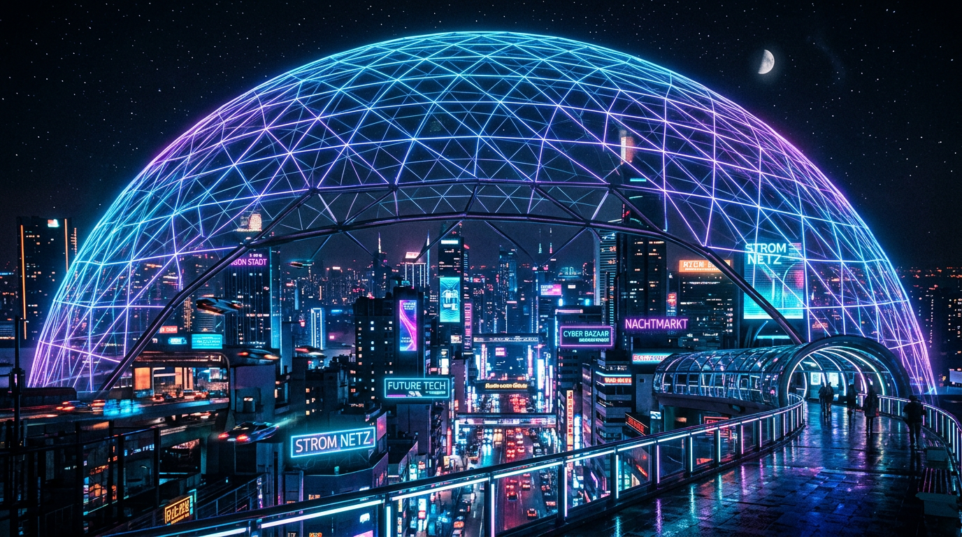 Futuristic city at night with a glowing dome structure, neon signs, flying vehicles, and a pedestrian walkway