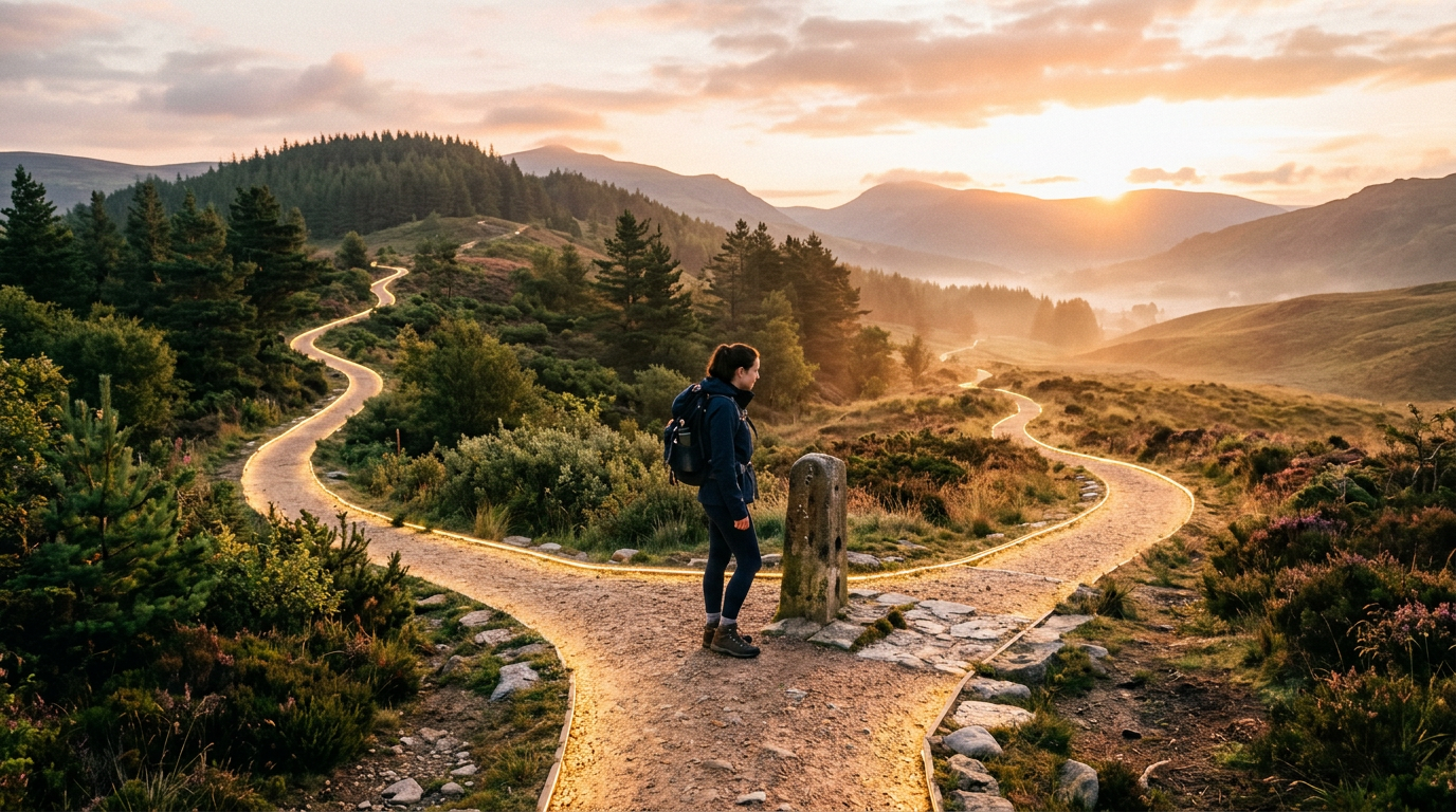 Hiker standing at a fork in illuminated mountain walking paths at sunset