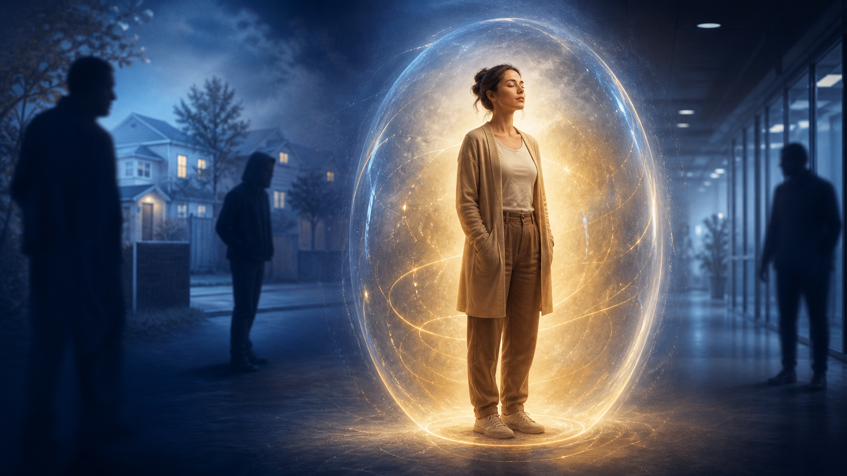 Eine ruhige Frau in einem gold-blauen energetischen Schutzfeld zwischen bedrohlichen Silhouetten