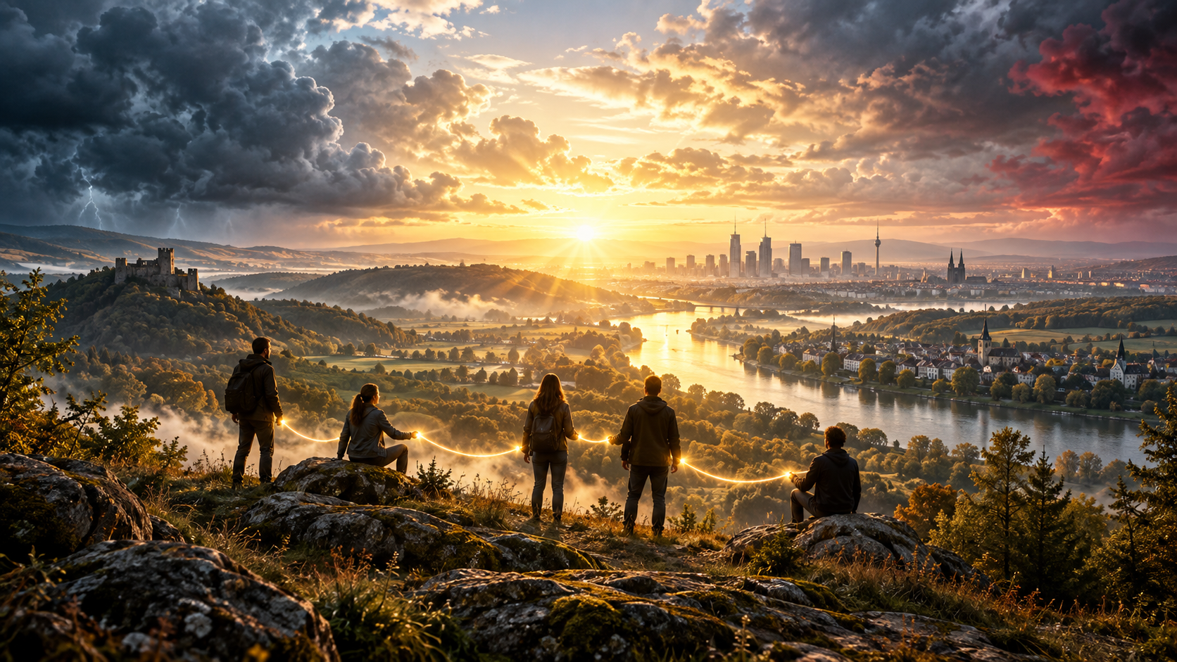 Menschen blicken über eine deutsche Landschaft, während dunkle Wolken in goldenes Licht übergehen